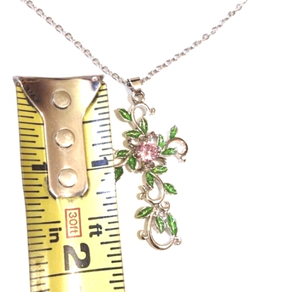 SILVER-PLATED GREEN ENAMEL LEAF FLORAL CROSS PENDANT RELIGIOUS 20" NECKLACE-NWOT - Picture 7 of 10